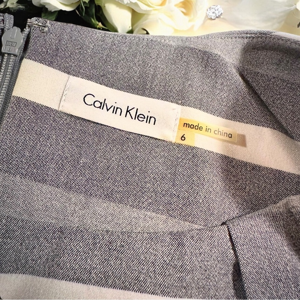 Calvin Klein Gray Striped Pintucked Sheath Dress With Silver Belt Size 6 - Picture 5 of 16